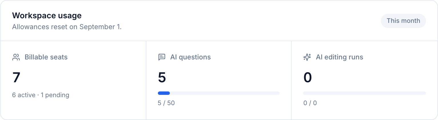 The Workspace usage panel showing billable seats, AI questions, and AI editing runs meters