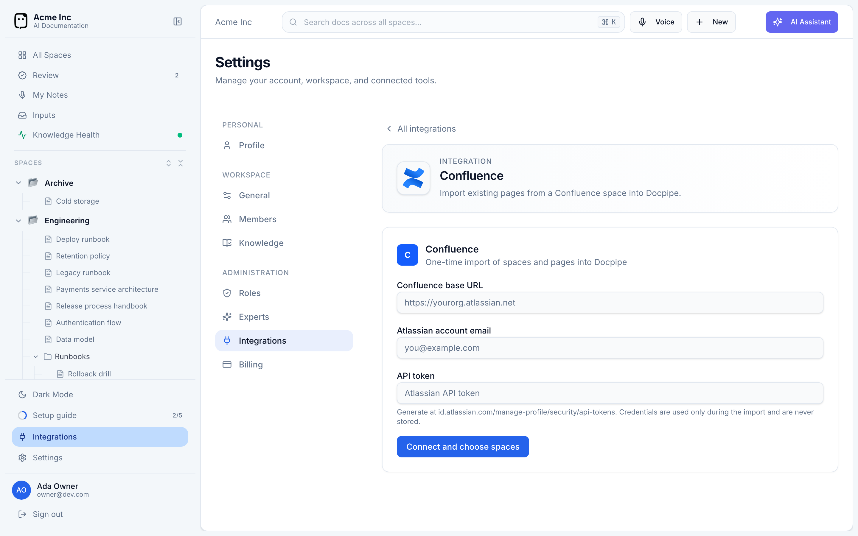 The Confluence import form with base URL, account email, and API token fields