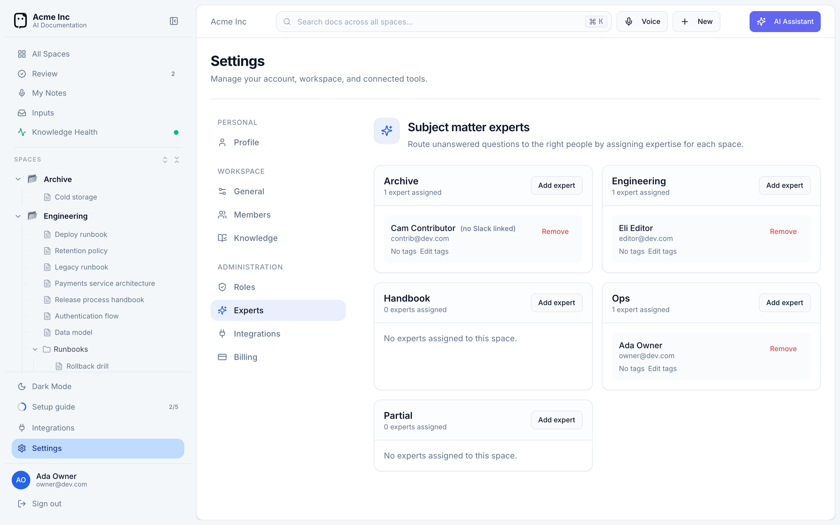 The Experts settings page for assigning subject-matter experts to spaces