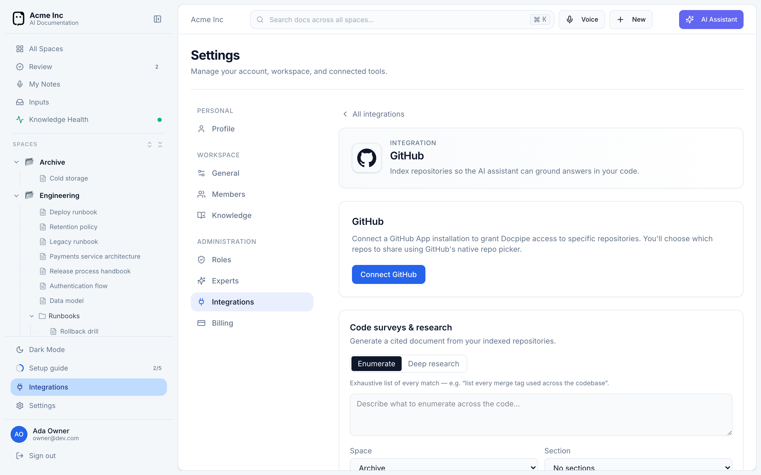 The GitHub integration page before connecting, with a Connect GitHub button