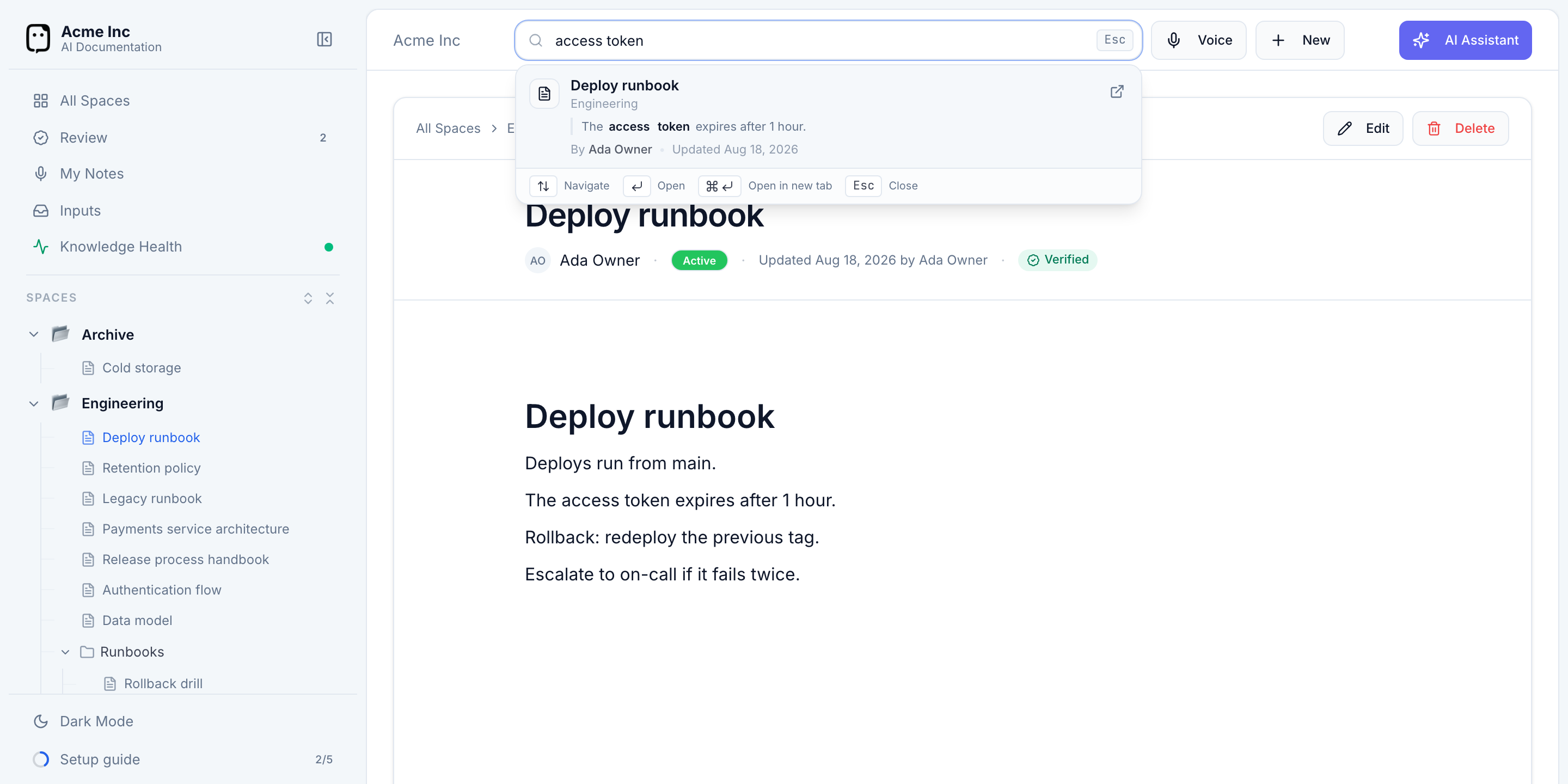 The command palette showing a search result with the matched terms highlighted and keyboard hints