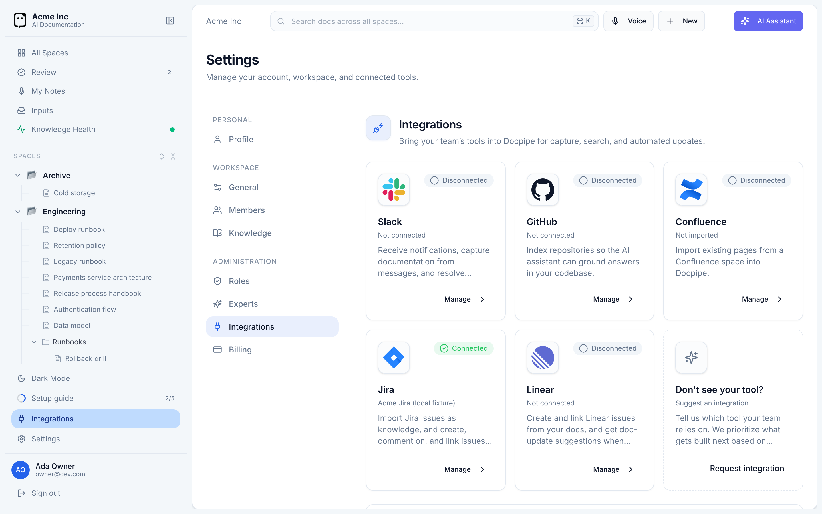 The Integrations settings page showing cards for Slack, GitHub, Confluence, Jira, and Linear with their connection status