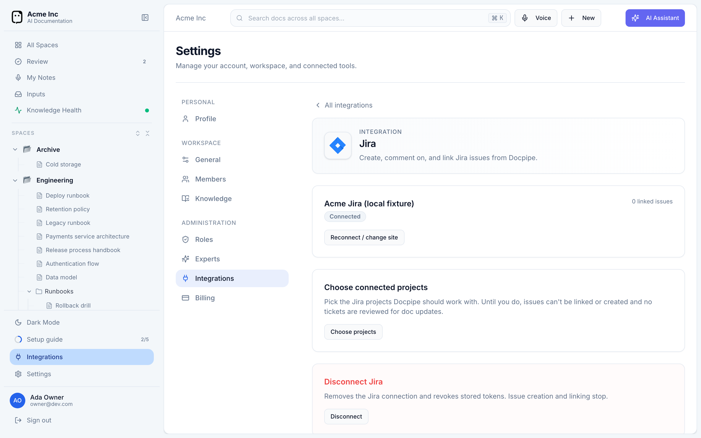 The connected Jira integration page showing the site, project selection, and disconnect option