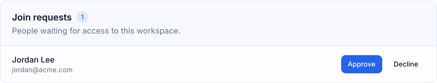 The Join requests section listing a pending request with Approve and Decline buttons
