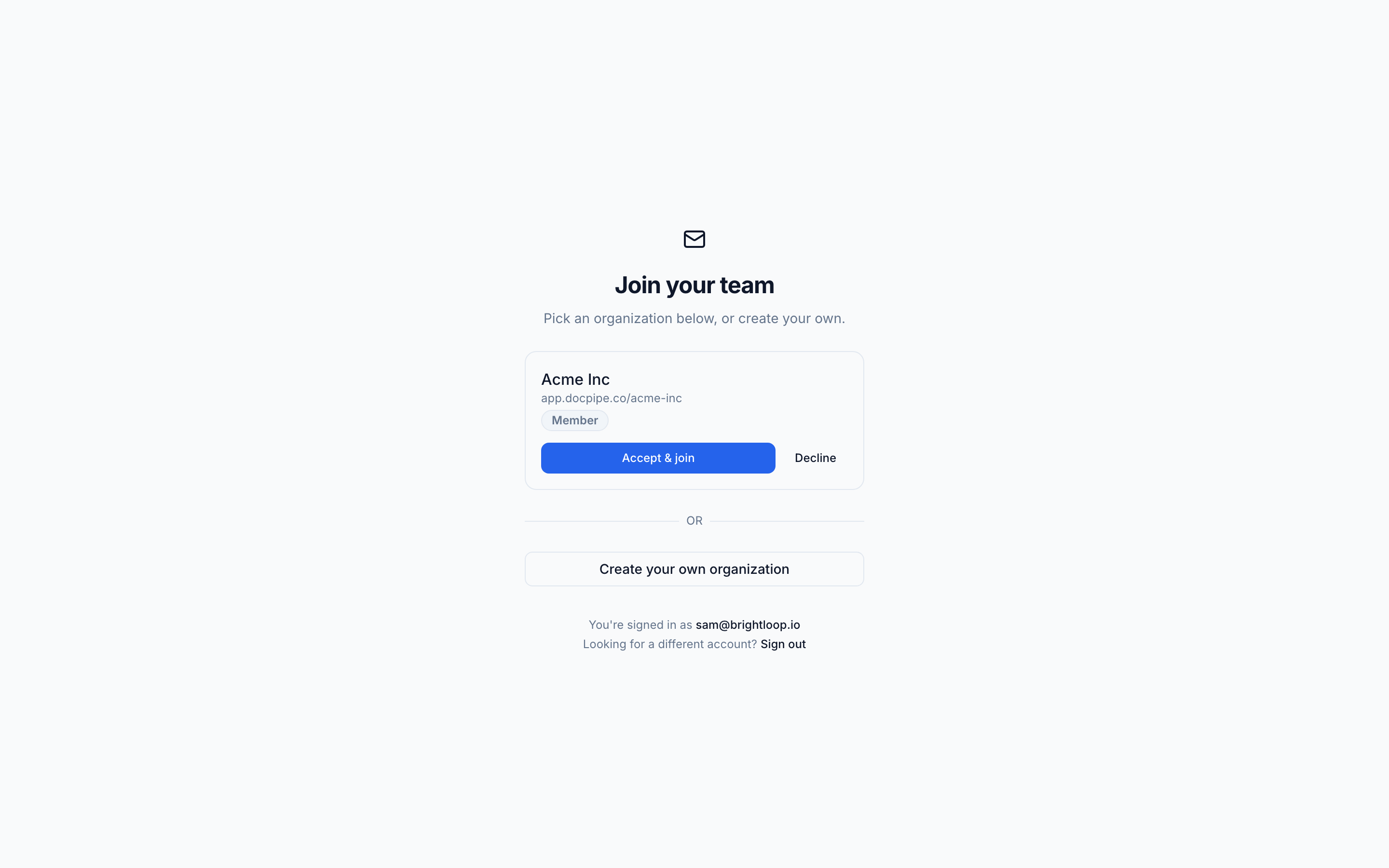 The Join your team screen showing a pending invitation card with Accept and join or Decline