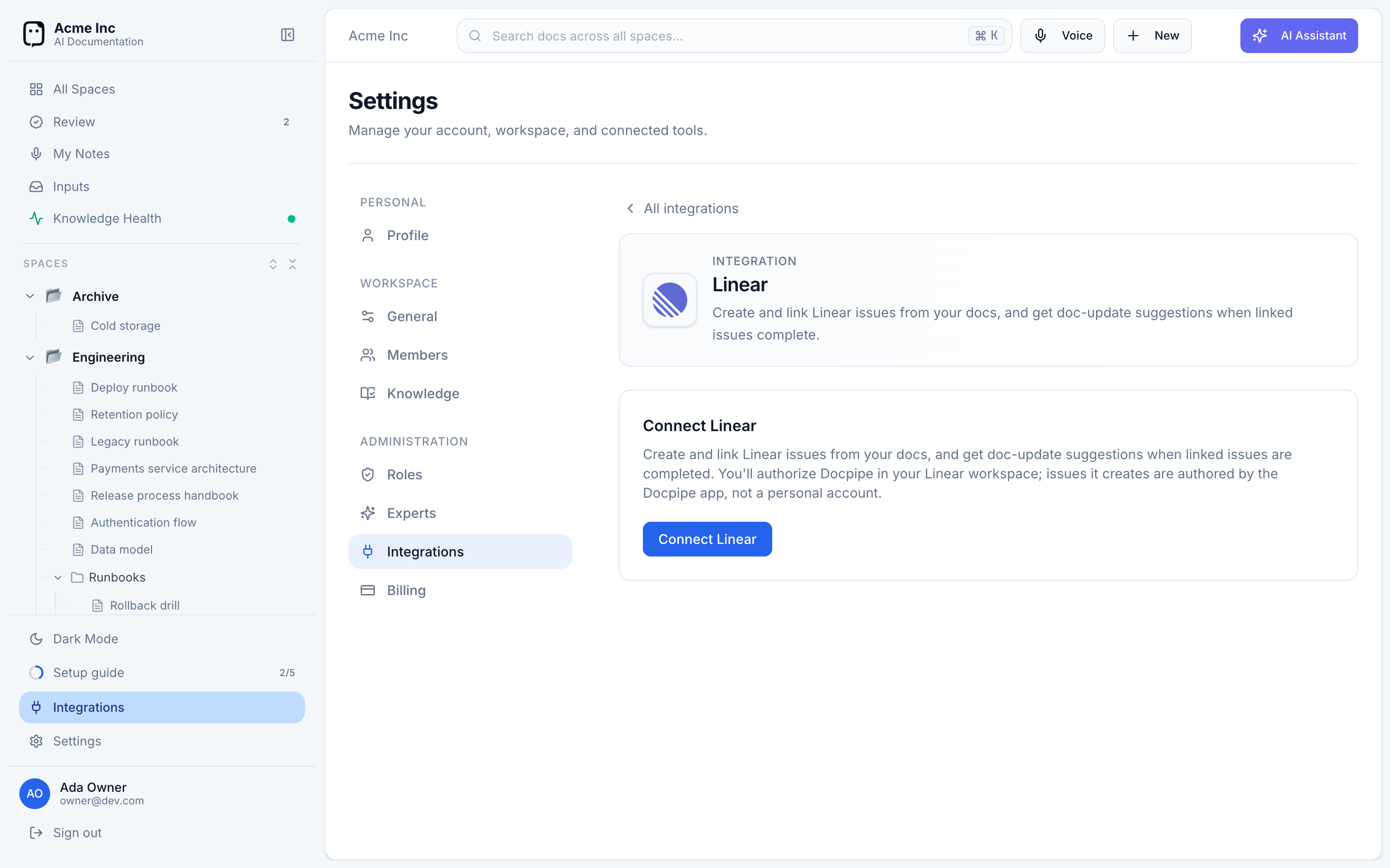 The Linear integration page before connecting, with a Connect Linear button