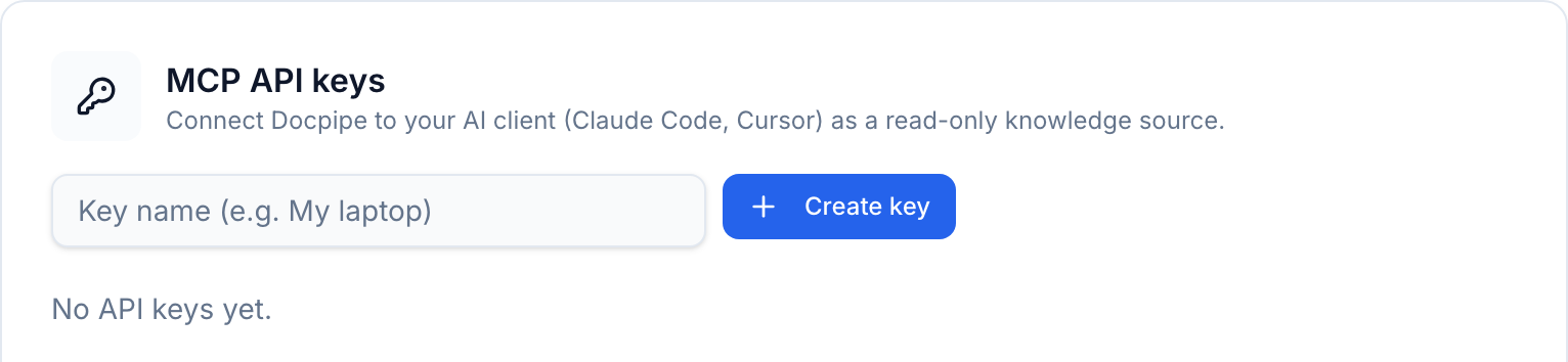 The MCP API keys panel with a key-name field and a Create key button