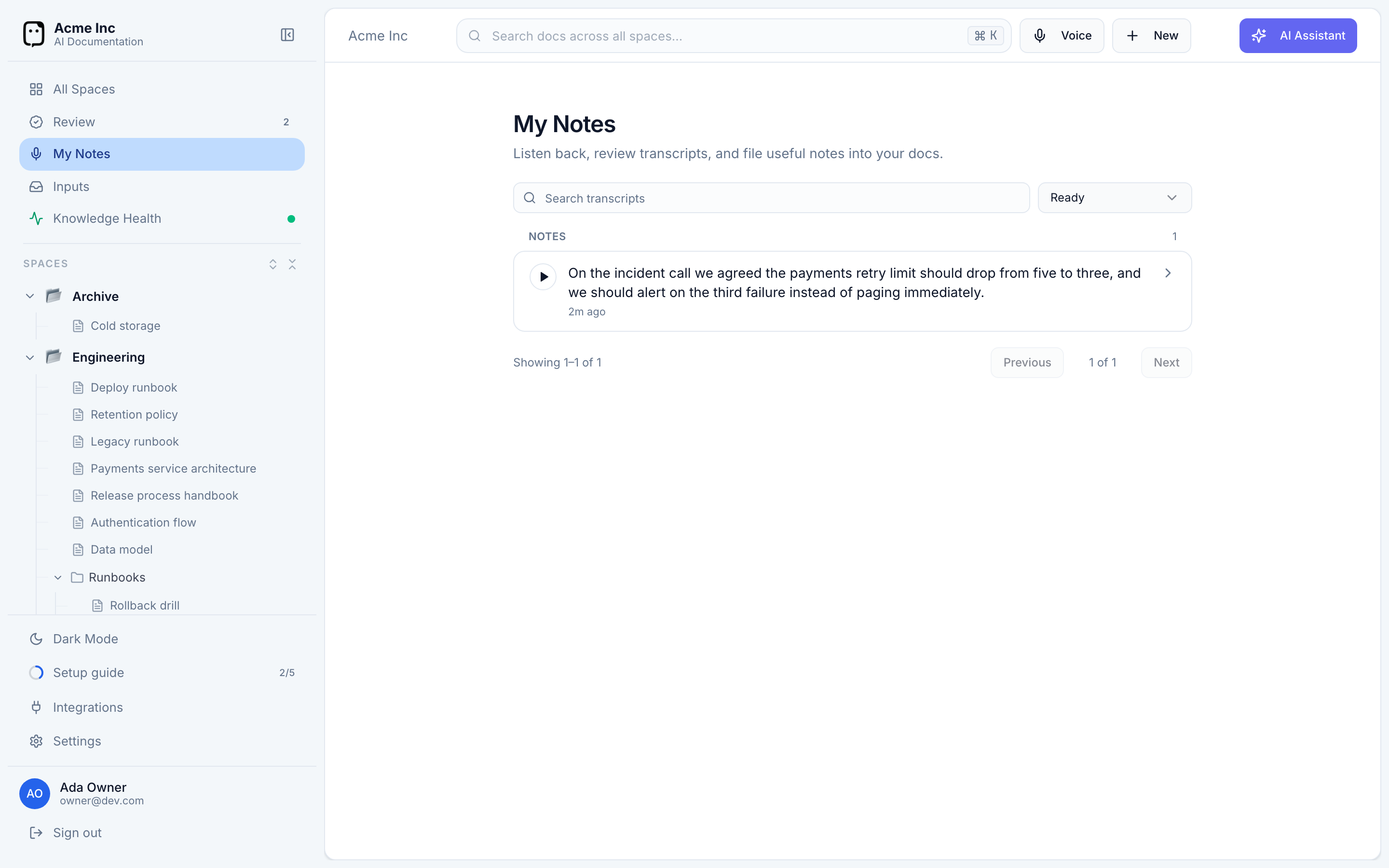 The My Notes page listing a transcribed voice note marked Ready