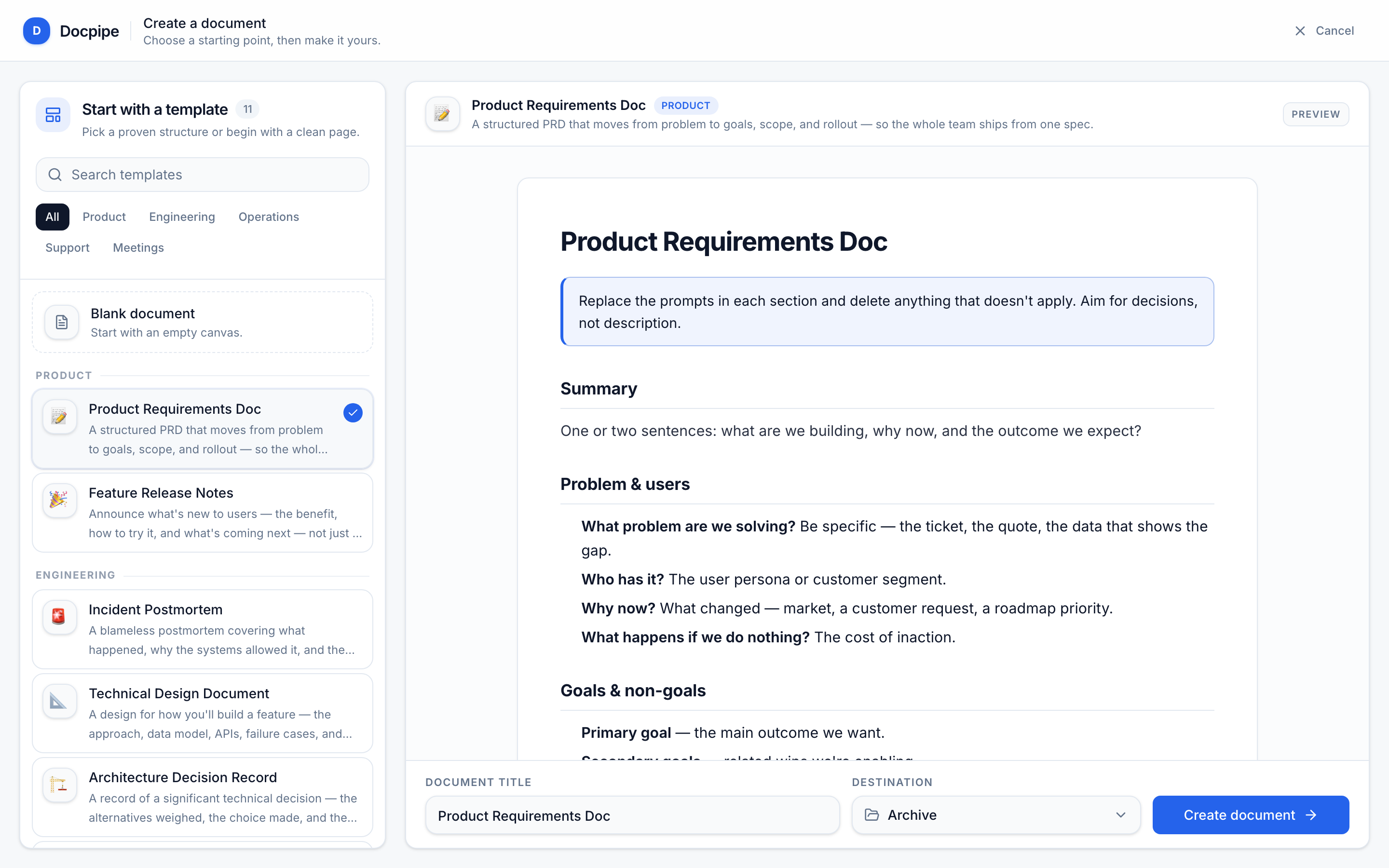 The Create a document gallery with the template list, a live preview of the selected template, and the destination picker