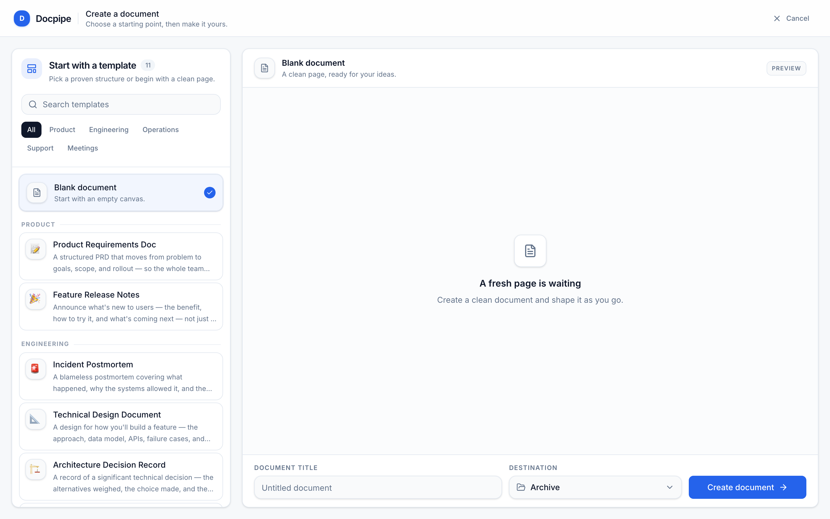 The Create a document gallery with a template library and a Blank document option
