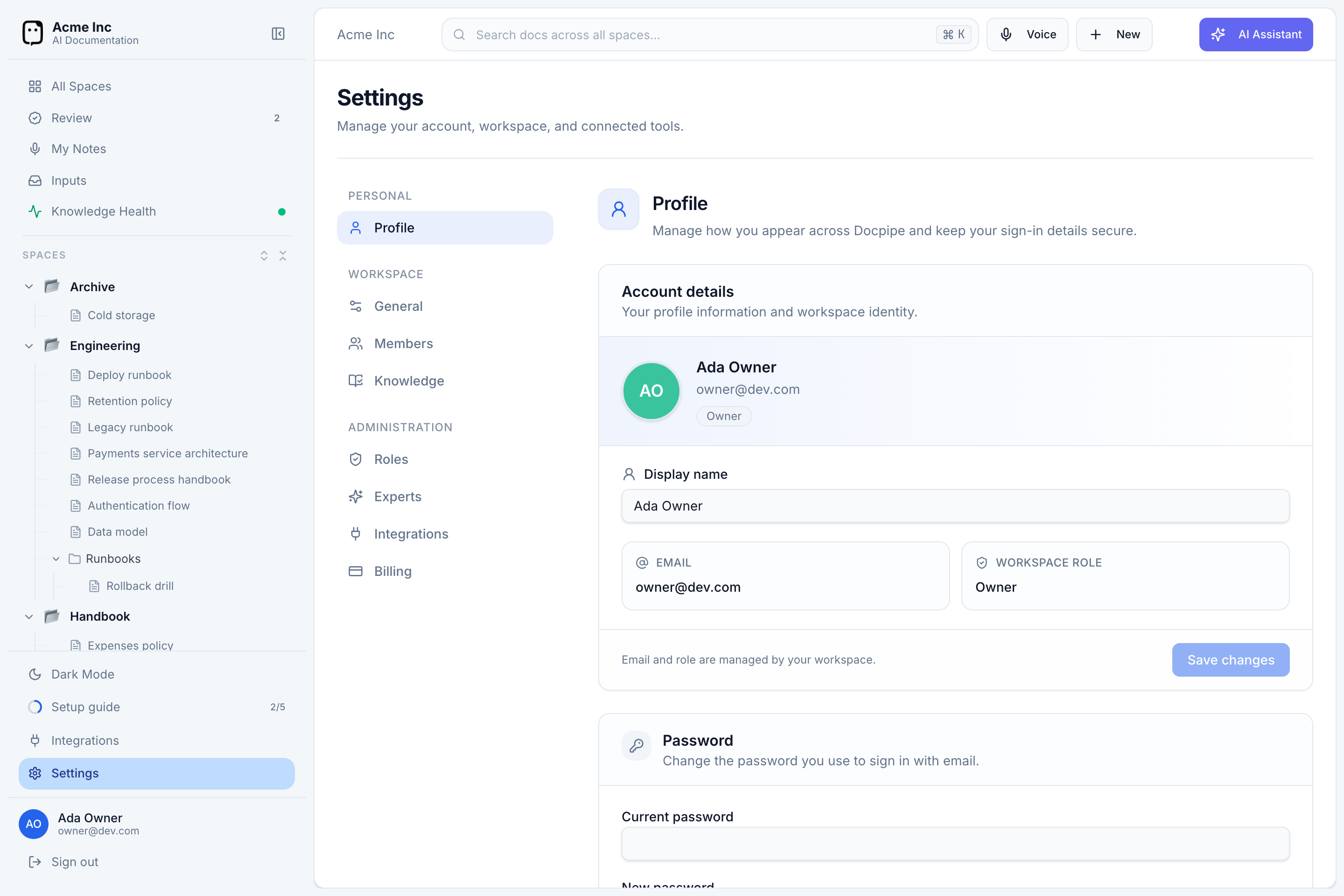 The Profile settings page with an editable display name, and read-only email and workspace role