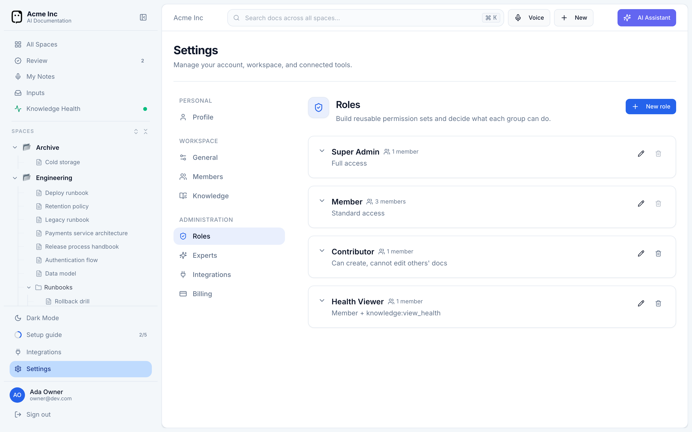 The Roles settings page listing the built-in Super Admin and Member roles