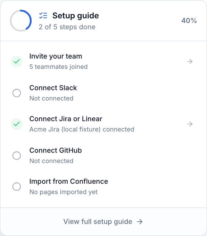 The Setup guide popover showing five setup steps and overall progress