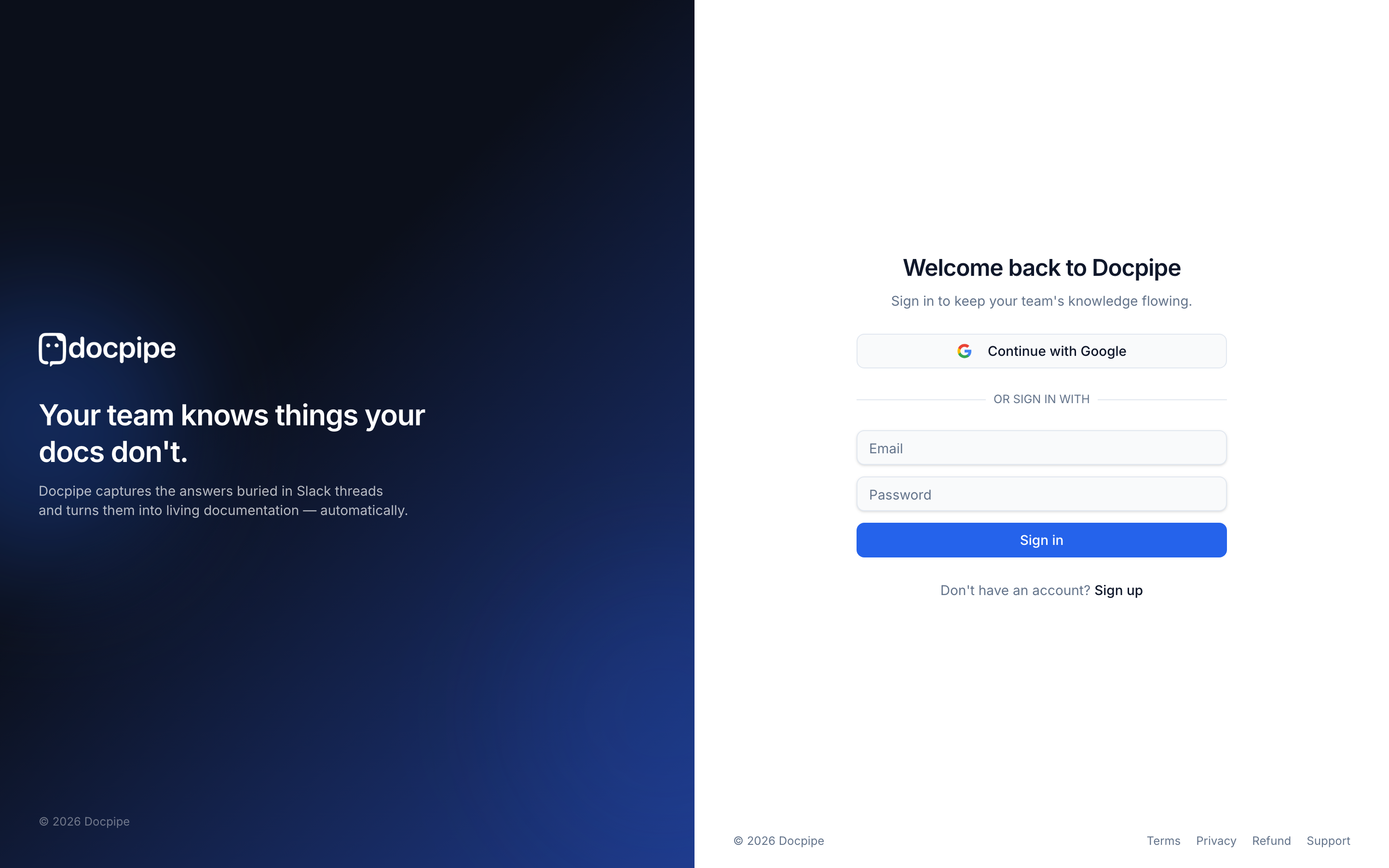 The Docpipe sign-in screen with a Continue with Google button