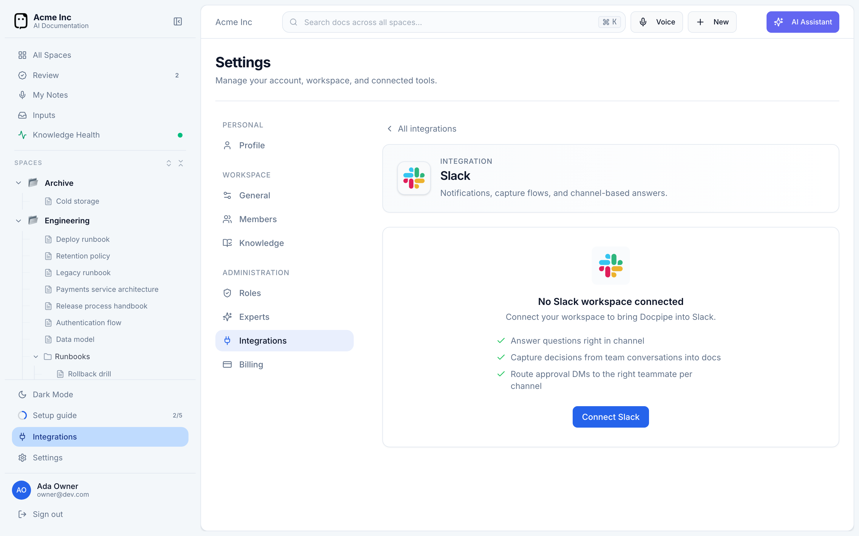 The Slack integration page before connecting, listing what Slack enables and a Connect Slack button
