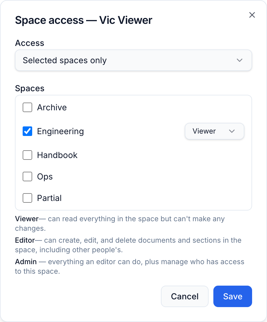 The Space access dialog with a scope selector, per-space checkboxes and levels, and the level descriptions