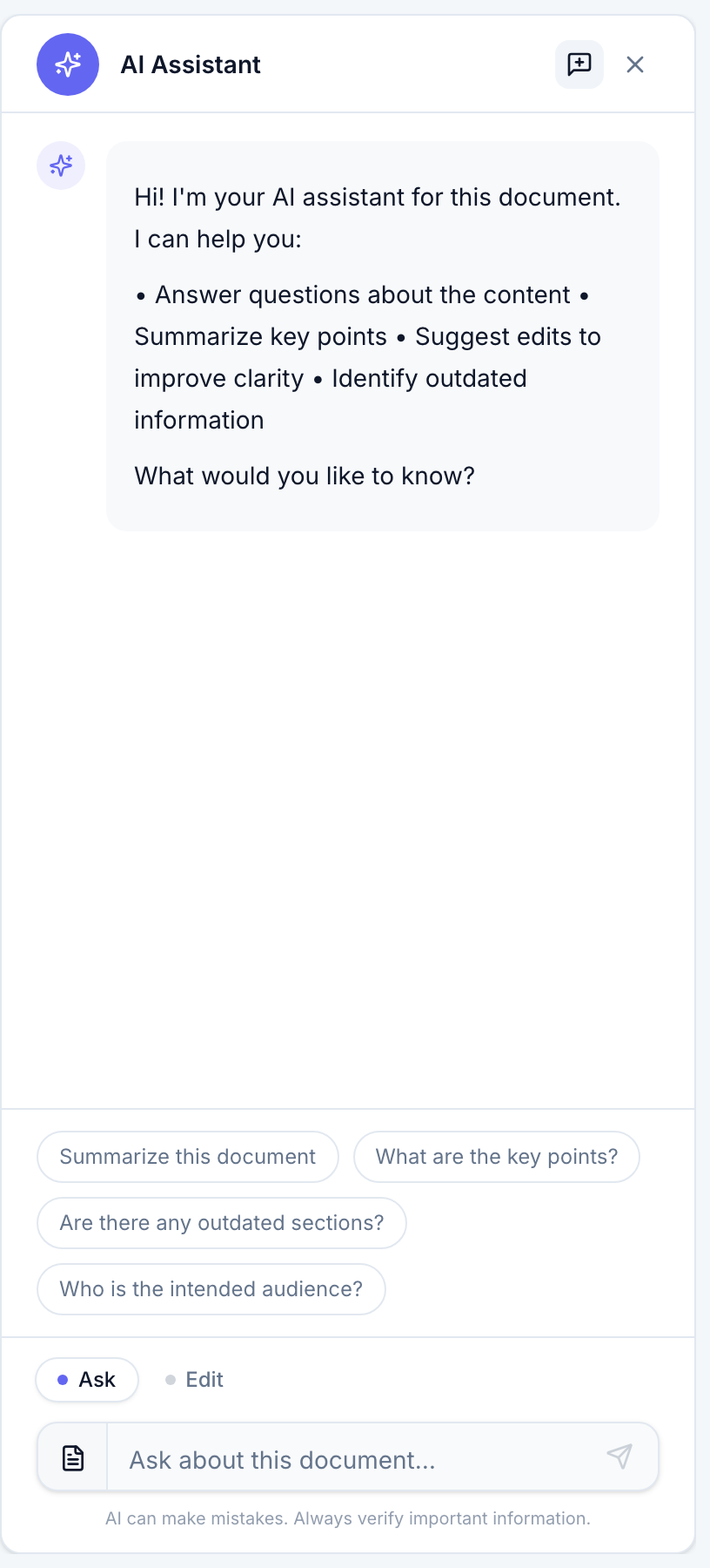 The AI Assistant panel in its welcome state, with quick-prompt suggestions and the question box